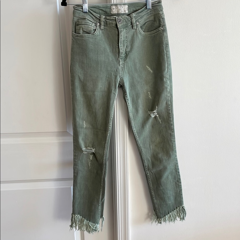 Free People Green Ankle Cropped Distressed Jeans
